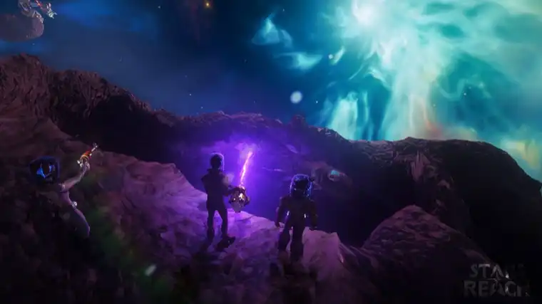 Three players in spacesuits on a purple asteroid beneath a cyan nebula